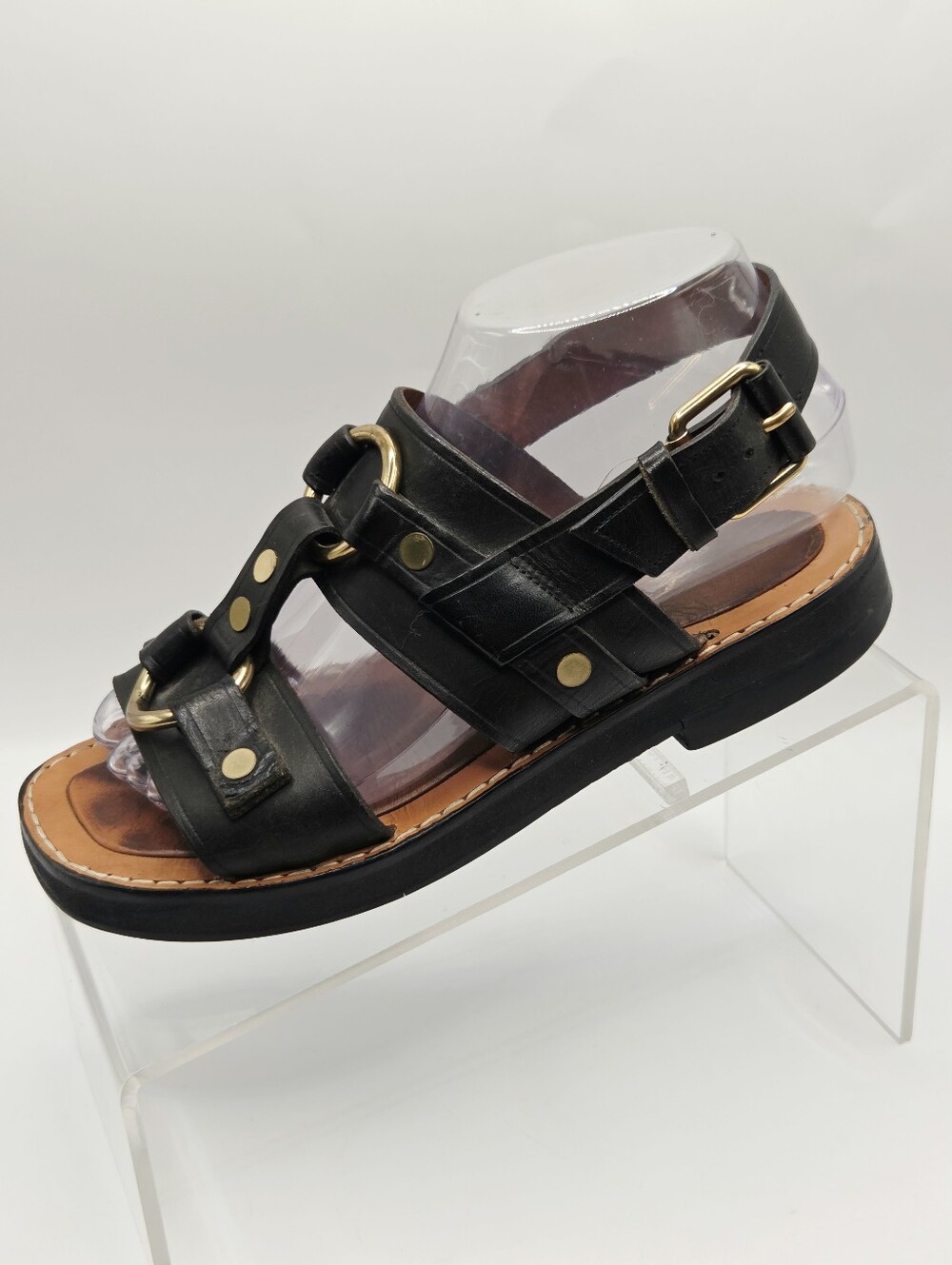 Celine Black Leather Sandal Size 37 EU US 7 Very Comforrable , Gold Detail